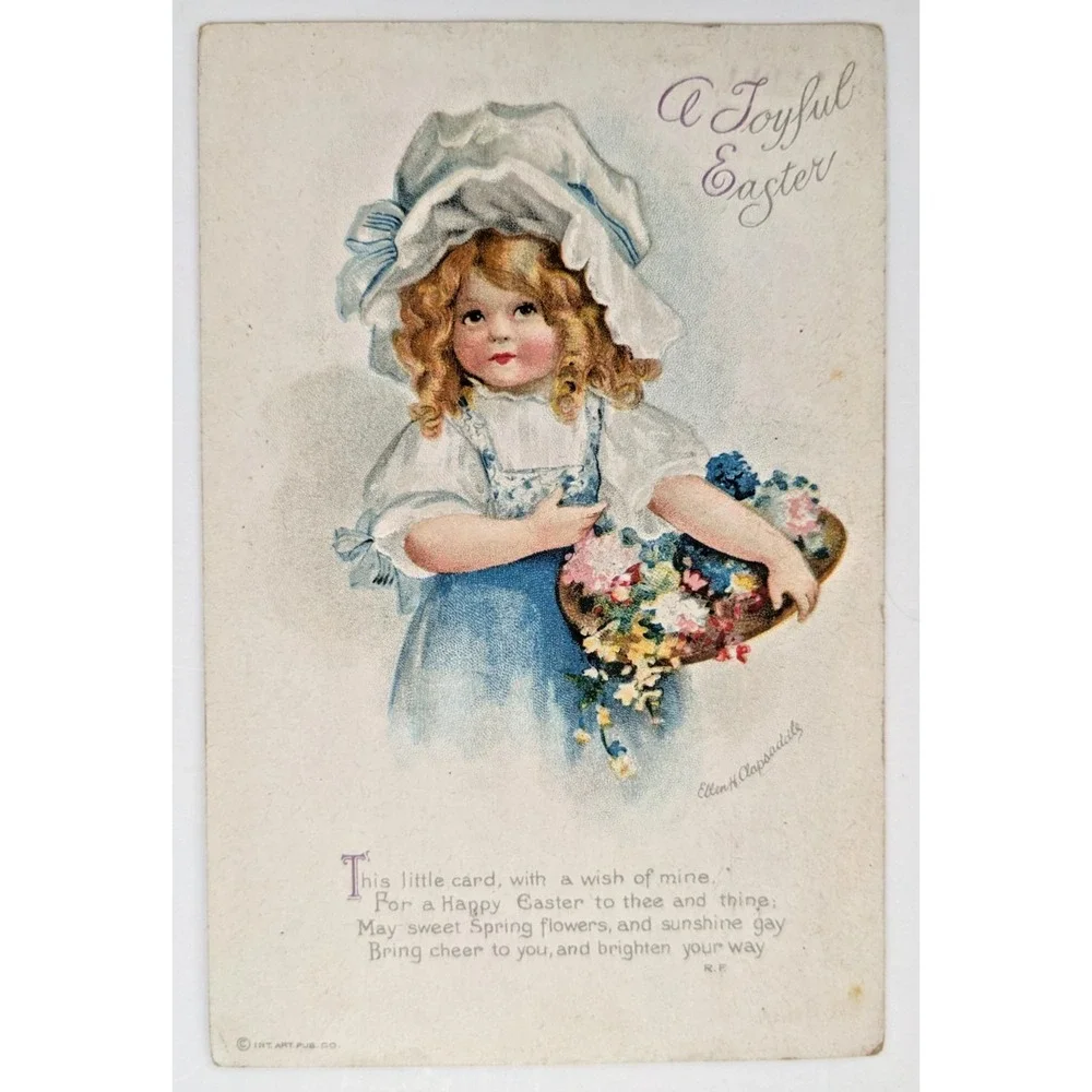 Antique Easter Postcard Ellen‎ Clapsaddle Girl Bonnet Flowers A Joyful Easter M6
